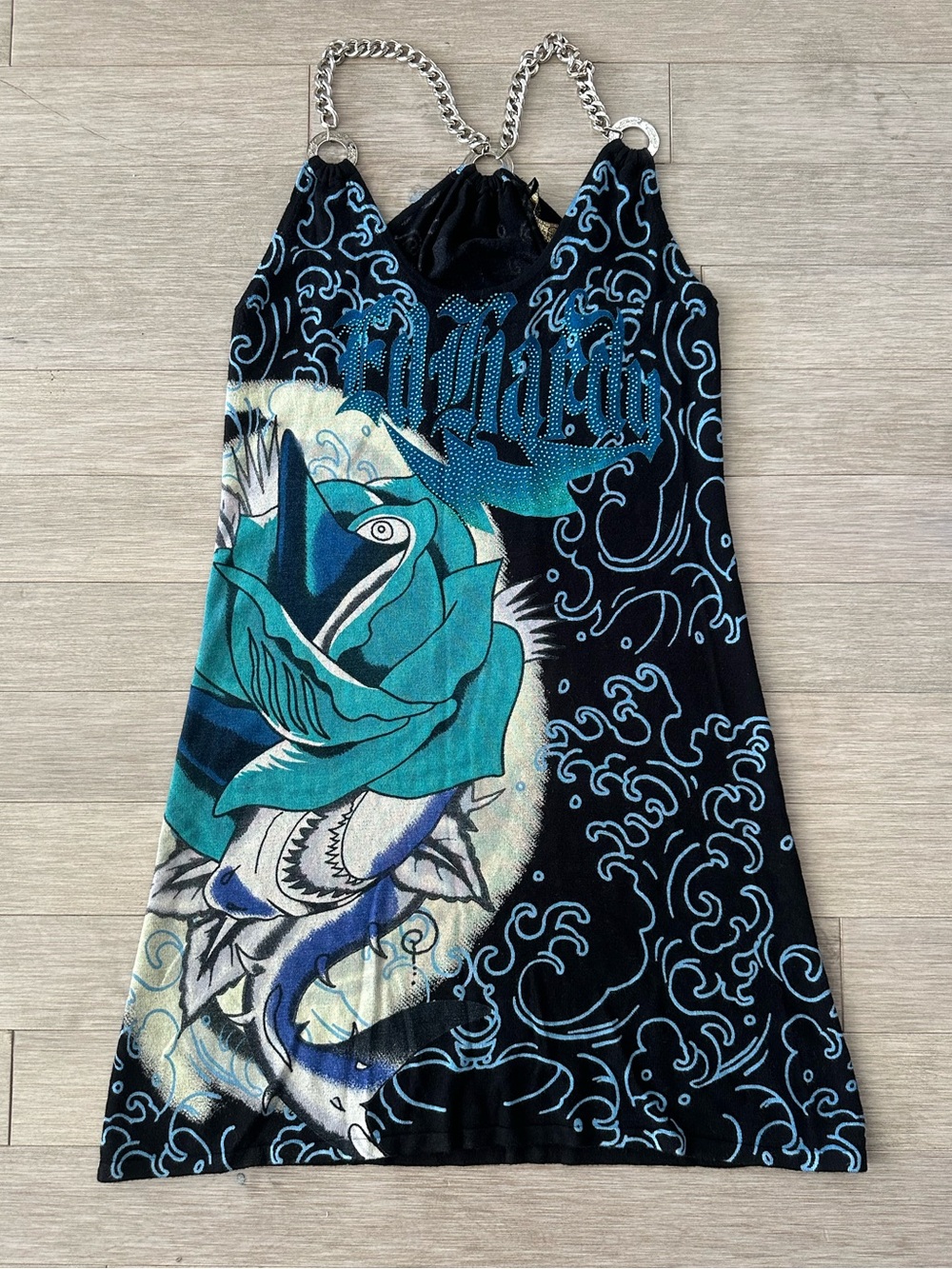 Ed Hardy Christian Audigier Blue & Black Halter Mini Dress Chain Straps Medium